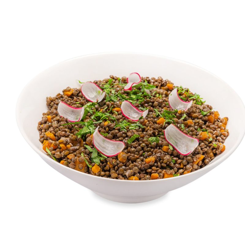 Salade de lentille verte, radis rose, fêta à partager